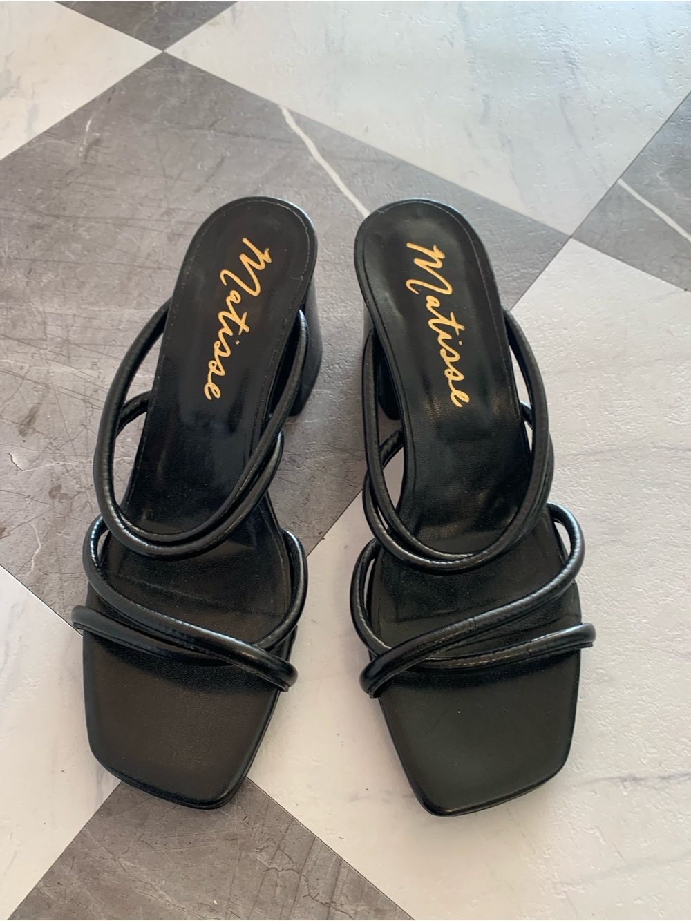 Matisse Black Loop-Strap Square-Toe Heeled Sandals